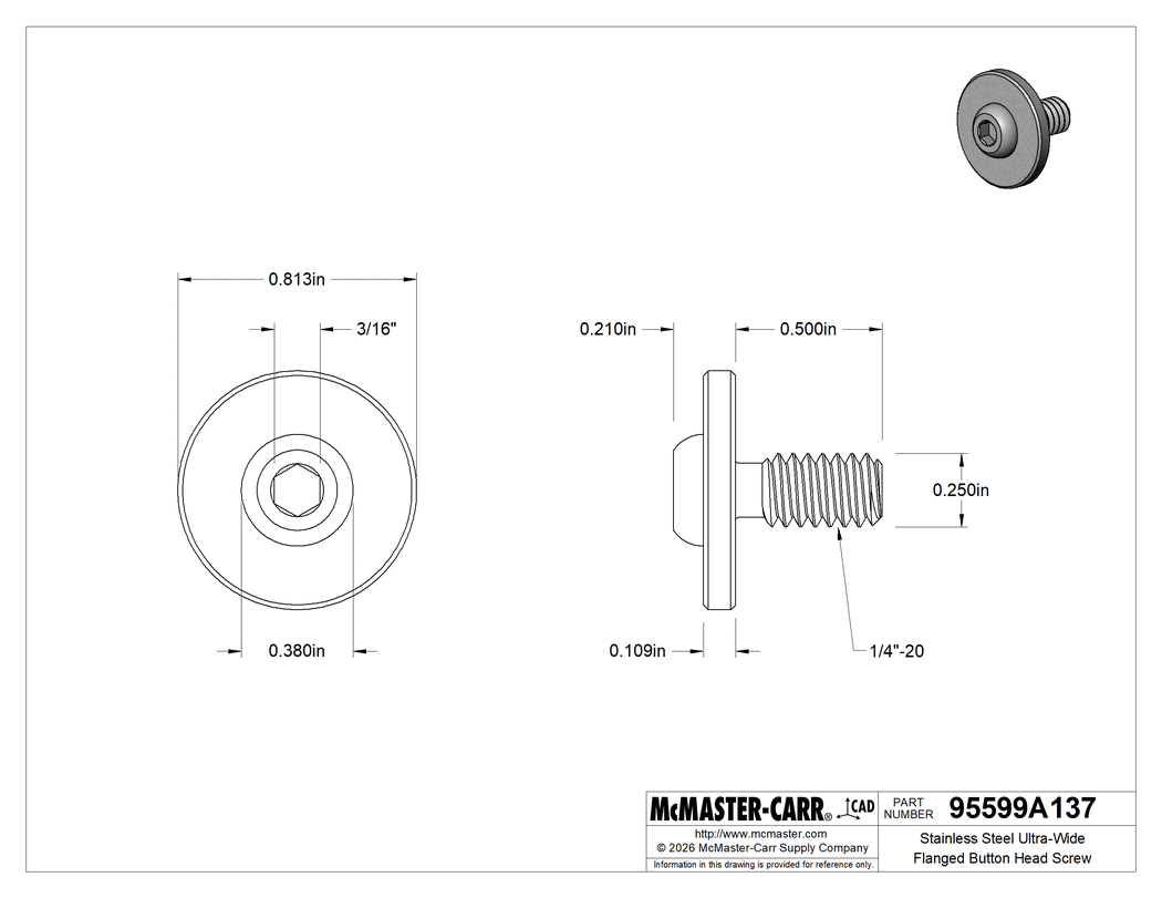Technical Drawing of Stainless Steel Ultra-Wide Flanged Button Head Screw, 1/4"-20 Thread Size, 1/2" Long.